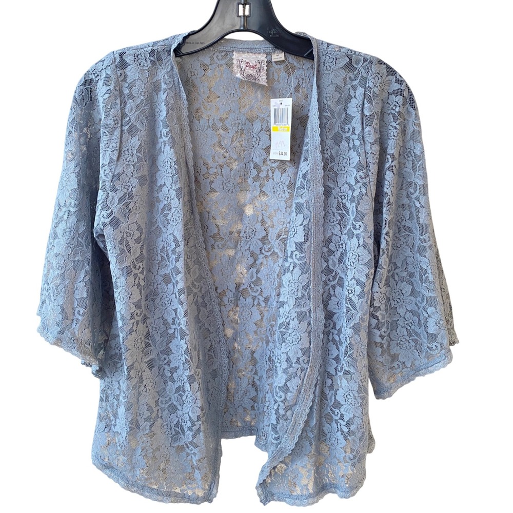 Pout Romantic Blue Floral Lace Open Front Cardigan Shrug Medium Fairycore Fairy
